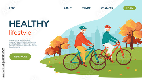 Healthy happy elderly gray-haired man and woman cycling together in the autumn city park. Concept outdoor activities for couple seniors in retirement. Landing page, website layout. Vector illustration