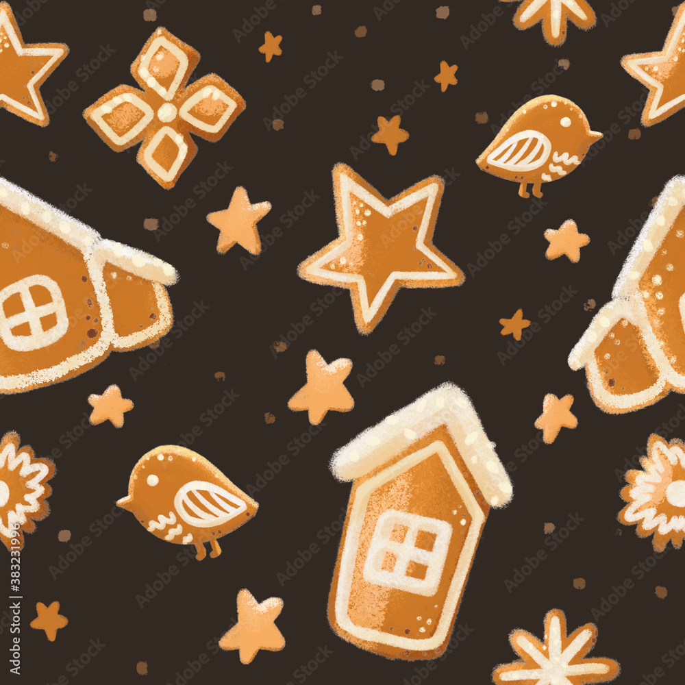 Winter seamless patterns with gingerbread cookies, Doodle Christmas Cookies. Celebratory background. Holiday wallpaper. Xmas. Merry Christmas and New Year background, dark chocolate colour background Winter seamless patterns with gingerbread cookies, Doodle Christmas Cookies. Celebratory background. Holiday wallpaper. Xmas. Merry Christmas and New Year background, dark chocolate colour background