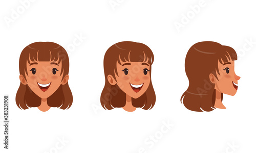 Cute Cheerful Brown Haired Girl Set, Different View of Girl Face, Front, Profile Side and Three Quarter View Cartoon Style Vector Illustration