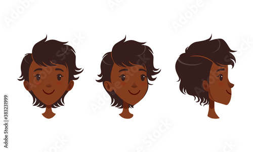 Cute Happy Smiling African American Girl Set, Different View of Girl Face, Front, Profile Side and Three Quarter View Cartoon Style Vector Illustration