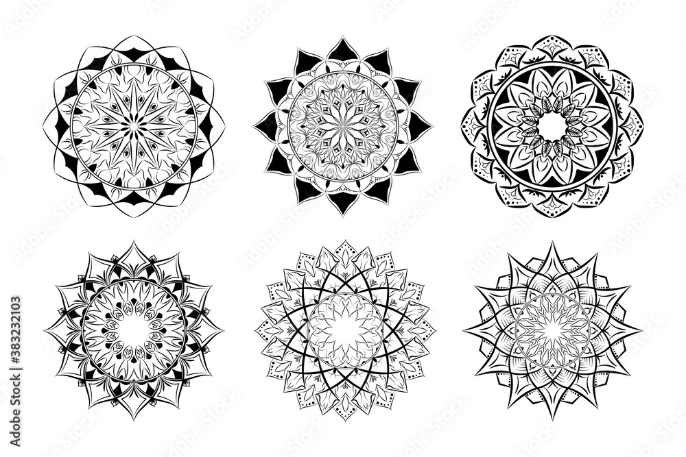 Set of mandala decorative and ornamental design for coloring page, invitation, greeting card, tattoo, yoga and spa symbol Set of mandala decorative and ornamental design for coloring page, invitation, greeting card, tattoo, yoga and spa symbol