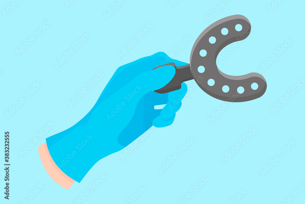 Vector cartoon hand of a dentist in a blue glove that hold a dental instrument spoon for taking an impression of the jaw