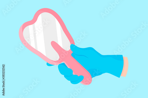 Vector cartoon hand of a dentist in a blue glove that hold a dental mirror in the form of a tooth.