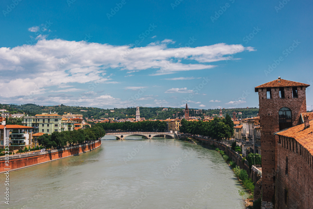 Amazing view of Verona city from the bridge, Italy.