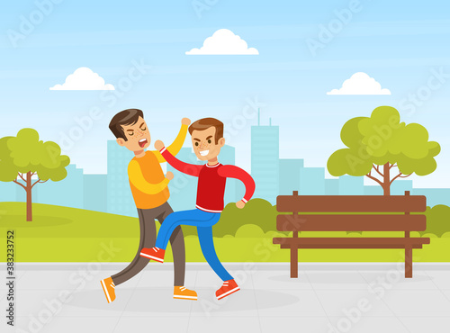 Two Boys Fighting in Park, Children Pushing and Kicking Each Other, Violence and Aggression between Children Concept Vector Illustration