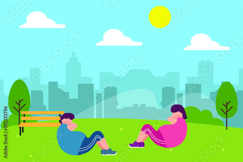 Sports vector concept  Obese couple doing sit up together in the park