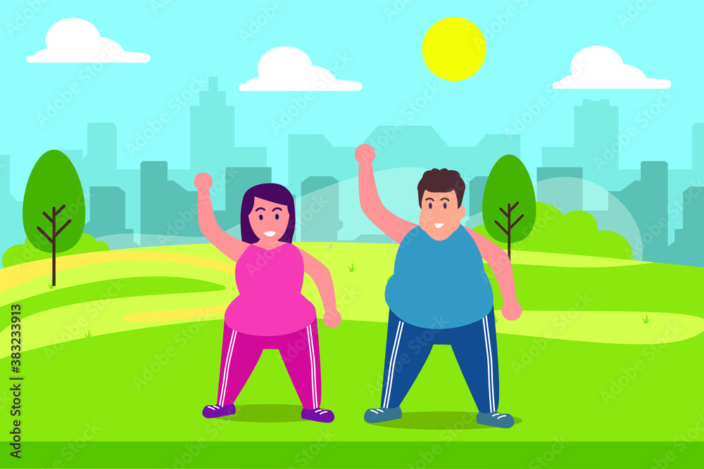 Sports vector concept: Overweight couple doing workout together while standing in the park