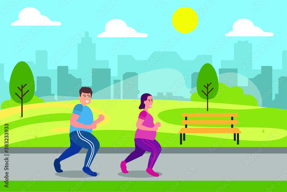 Sports vector concept: Overweight couple jogging together in the park while wearing sportswear