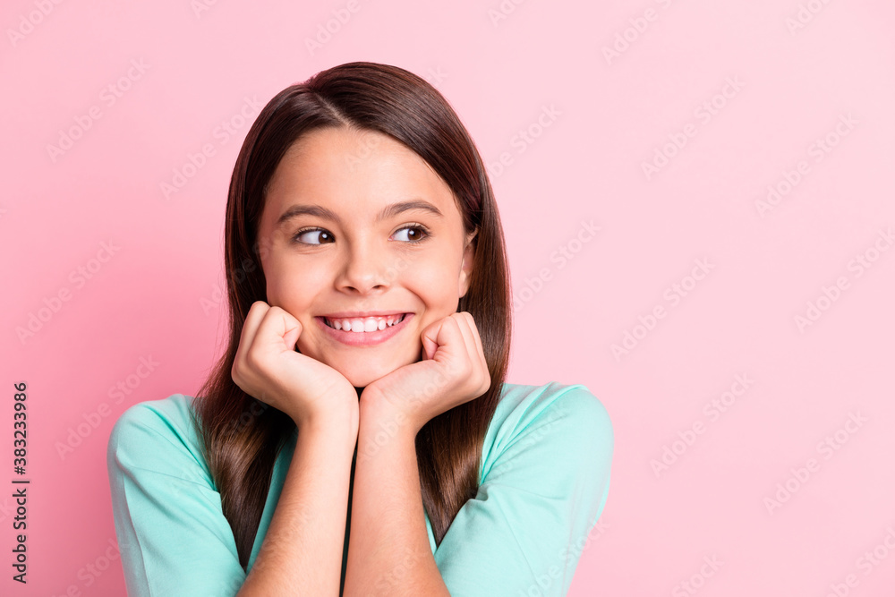 Close-up portrait of her she nice attractive pretty cute cheerful cheery minded long-haired girl looking aside copy space ad advert solution isolated over pink pastel color background Close-up portrait of her she nice attractive pretty cute cheerful cheery minded long-haired girl looking aside copy space ad advert solution isolated over pink pastel color background
