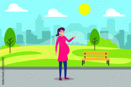 Unhealthy vector concept: Pregnant woman smoking while standing in the park
