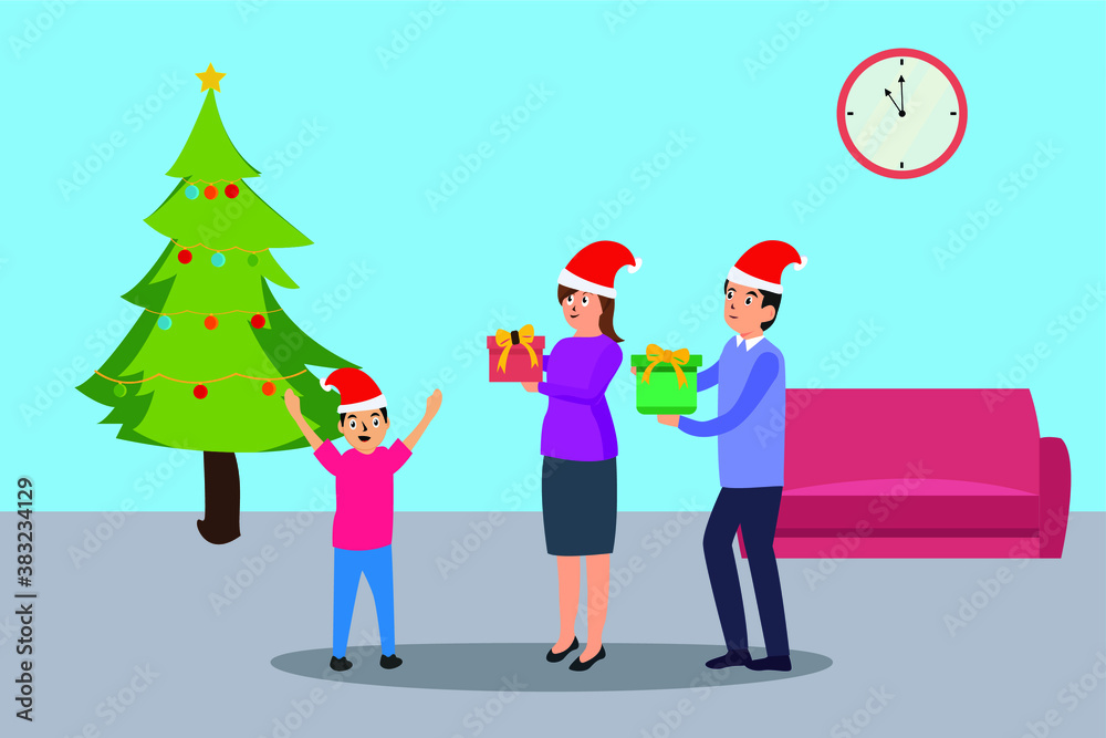 Christmas day vector concept: Young parents giving christmas gift to little boy