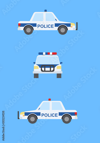 Police car in flat style. Front view and side view, isolated on blue background.
