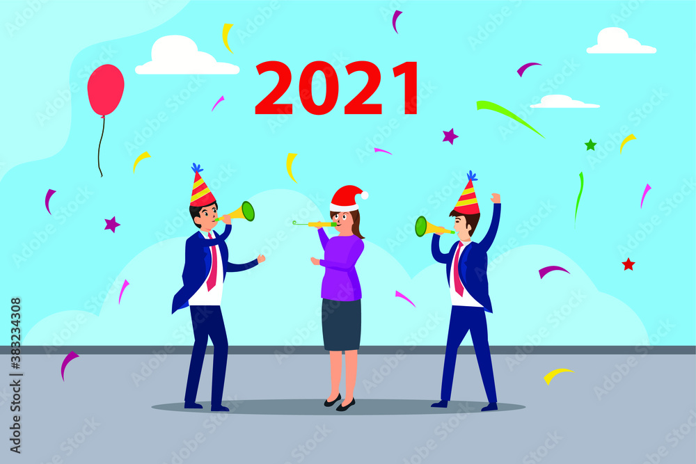 New year vector concept: Young businesswoman and businessmen celebrating new year party while blowing trumpet together