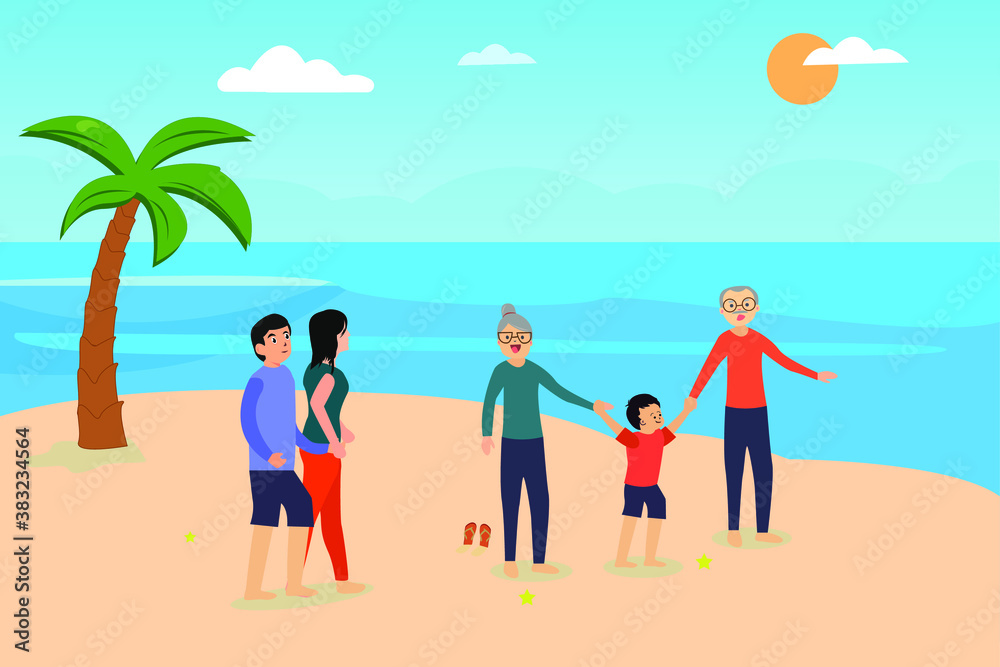 Three generation family vector concept: Three generation family enjoying holiday in the beach while playing together