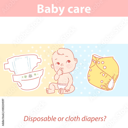 Cute baby looking up, choosing disposable or reusable cloth diaper.