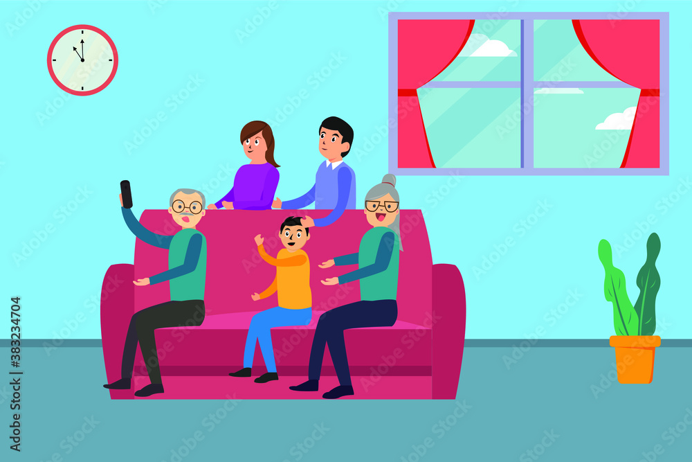 Three generation family vector concept: Three generation family taking selfie photo with mobile phone at home Three generation family vector concept: Three generation family taking selfie photo with mobile phone at home