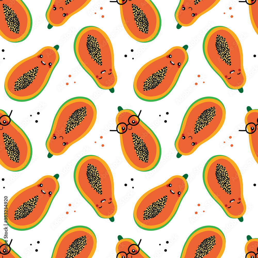 Cute and happy cartoon style papaya characters and dots vector seamless pattern background.
Cute and happy cartoon style papaya characters and dots vector seamless pattern background.