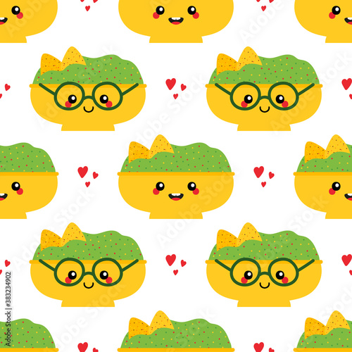 Vector seamless pattern background with mexican guacamole dip, sauce bowls cartoon characters, cute and smiling with hearts.