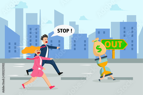 Theft vector concept: Young businesswoman and businessman chasing hourglass while stealing a sack of money