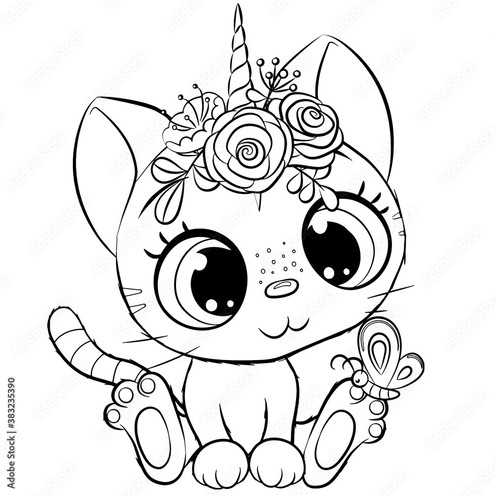 Kitty unicorn outlined for coloring book isolated on a white background ...