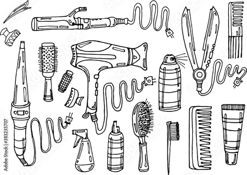 Set of hair styling: hair dryer, hair straightener, curling iron, comb, hairspray and other means