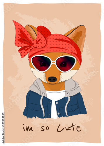 Cute Fox in clothes on an orange background. Vector portrait.