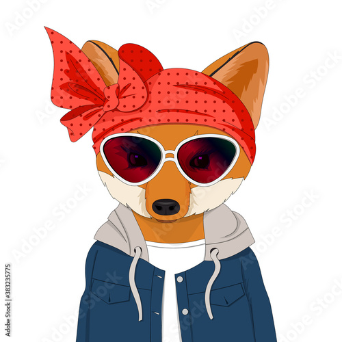 Cute Fox in clothes on a white background. Vector portrait.