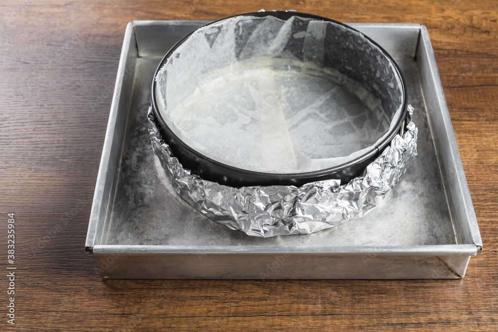 I arrived at the following solution to wrapping my springform pan in tin  foil for the Bain-marie (water bath)…