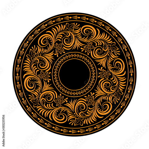 Russian traditional circular pattern. Bright yellow pattern of leaves and blades of grass on a black background.
