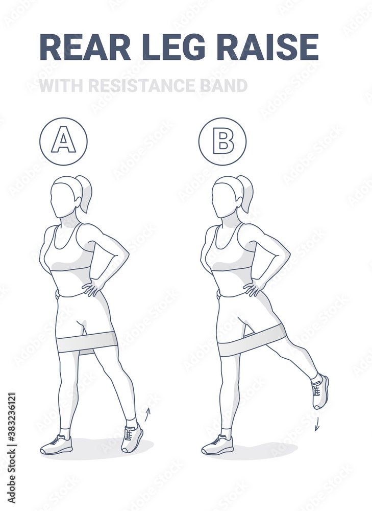 Standing Rear Leg Lift with Resistance Band Home Workout Exercise Guidance Clip Art.