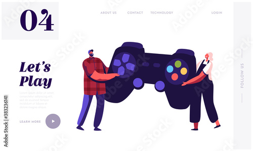 Tiny Characters Playing Videogame.Landing Page Template. Man and Woman Gamers with Huge Gamepad Playing Video Game