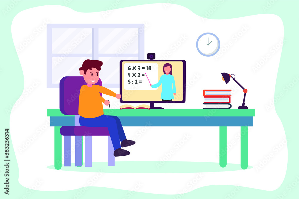 Social distancing vector concept: Student studying with video conference at home Social distancing vector concept: Student studying with video conference at home