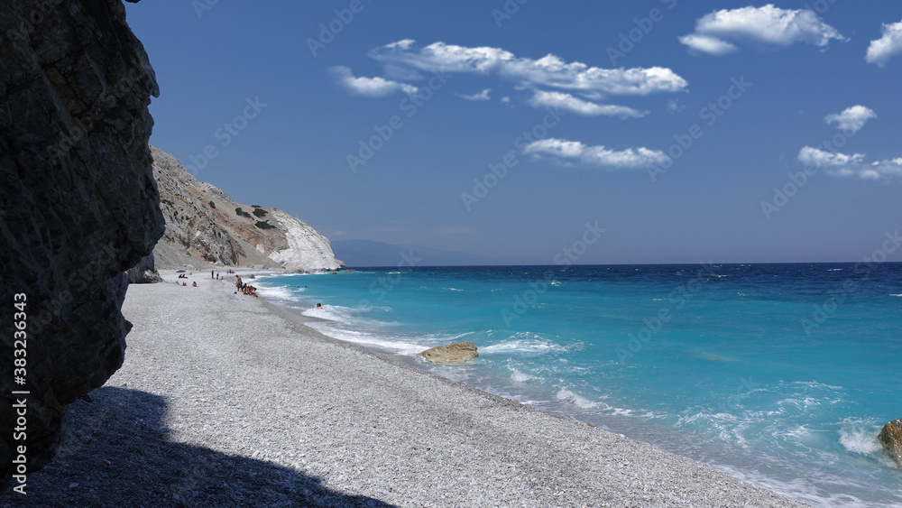 Paradise beach of Lalaria in Skiathos island on a slight cloudy morning, Sporades, Greece