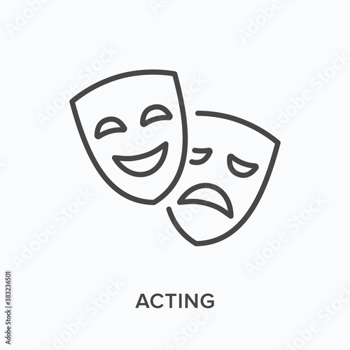 Comedy and tragedy masks flat line icon. Vector outline illustration of theatre drama, performance. Actors thin linear pictogram