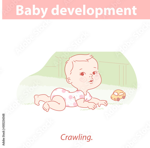 Little baby lying, crawling on carpet. Baby playing on floor.