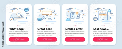 Set of line icons, such as Engineering documentation, Meeting, Collagen skin symbols. Mobile screen app banners. Winner ticket line icons. Manual, Team business, Skin care. Carousels award. Vector