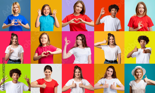 Portrait mosaic. Positive gesture collage. Group of enthusiastic supportive diverse multiethnic people in colorful t-shirts showing different encouraging emotions isolated on bright background.