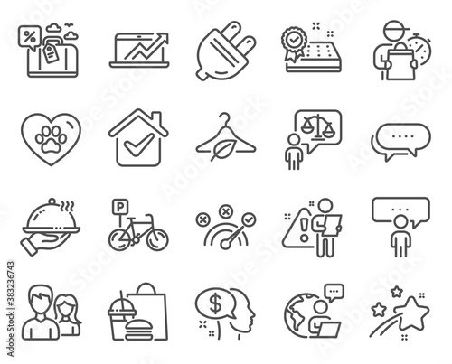 Business icons set. Included icon as Mattress guarantee, Restaurant food, Sales diagram signs. Dots message, Consulting business, Electric plug symbols. Pets care, Teamwork, Slow fashion. Vector