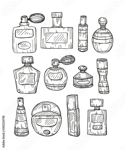 Set of hand drawn perfumes. Vector perfume collection.