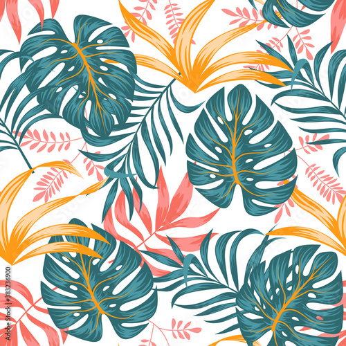 Colorful summer seamless pattern. Creative abstract pattern with tropical plants. Hand draw texture. Vector template. Jungle leaves. Botanical pattern. Exotic wallpaper, Hawaiian style.