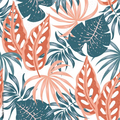 Tropical plants and leaves on a white background. Floral seamless vector tropical pattern background with exotic leaves, jungle leaf. Hand draw texture. Vector template.