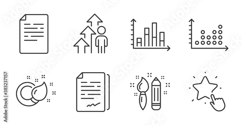Employee result, Dot plot and Paint brush line icons set. Document signature, Creativity and Ranking star signs. Document, Diagram graph symbols. Quality line icons. Employee result badge. Vector