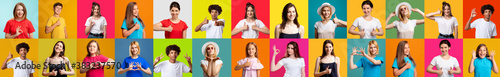 Portrait collage. Approval gesture. Mosaic row montage of cheerful grateful happy diverse multiethnic people group in colorful t-shirts showing admiration isolated on bright background.