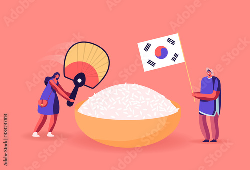 Characters Eating Korean Food. Man Holding National Flag of Korea, Woman with Fan Stand near Huge Bowl with White Rice.