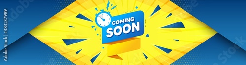 Coming soon paper banner. Abstract background with offer message. Timer announcement tag. New open time icon. Best advertising coupon banner. Coming soon badge shape. Vector