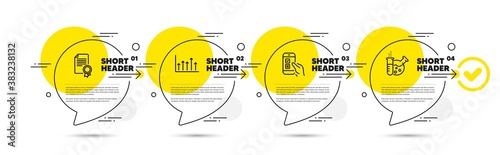 Certificate, Growth chart and Mobile survey line icons set. Timeline infograph speech bubbles. Chemistry lab sign. Diploma, Upper arrows, Phone quiz test. Laboratory. Education set. Vector