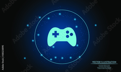 glowing game controller on dark blue background of the space with shining stars. frame glowing