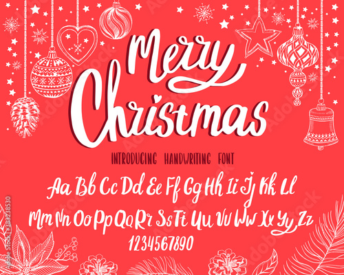 Christmas font. Holiday typography alphabet with season wishes and festive illustrations.