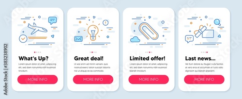 Set of Business icons, such as Idea, Arrivals plane, Paper clip symbols. Mobile screen mockup banners. Opened gift line icons. Light bulb, Airport transport, Attach paperclip. Present box. Vector