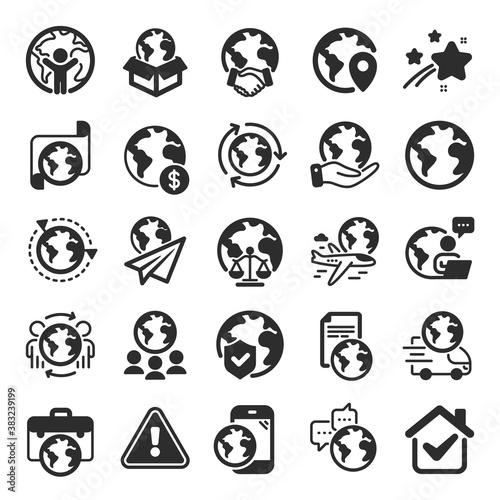 World business icons. Global law, translate language, Outsource business. International organization, financial transactions, world map icons. Delivery service, global outsource. Flat icon set. Vector